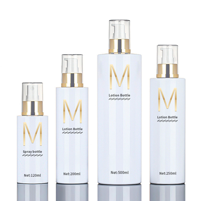 120ml por atacado 200ml 250ml 500ml em volta da garrafa plástica da parte superior do ouro da loção do pulverizador do atomizador cosmético da névoa do corpo para a limpeza