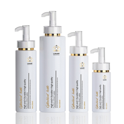 O chuveiro vazio redondo branco luxuoso do condicionador de 250ml 500ml coagula a garrafa do champô do Hdpe do ouro do empacotamento plástico