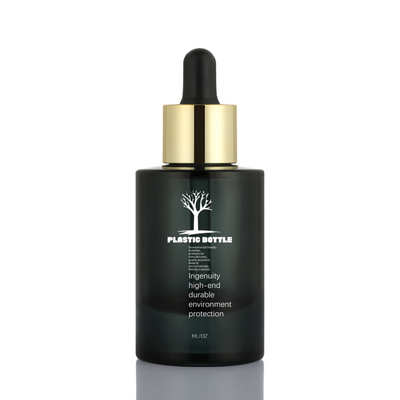 Frasco de soro cosmético personalizado preto ouro fosco frasco conta-gotas de ombro plano