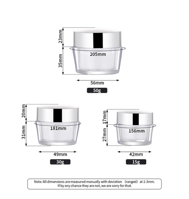 Potenciômetro cosmético vazio plástico do frasco do creme de cara da manteiga do corpo da parede dobro acrílica por atacado de 15g 30g 50g com bordo